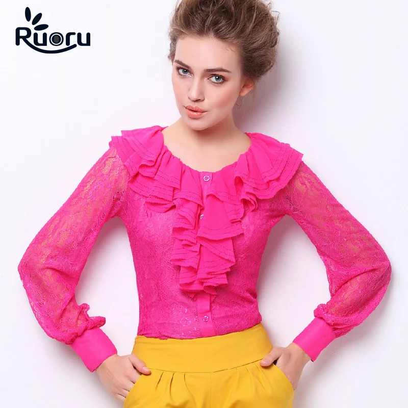 Ruoru 2021 Женская кружевная рубашка с оборками топы одежда для работы и офиса боди длинным рукавом блузки