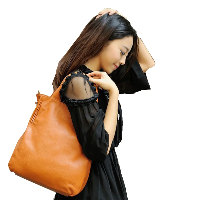 Роскошная женская кожаная сумка ведро из мягкой коровьей кожи шоппер с тканевым