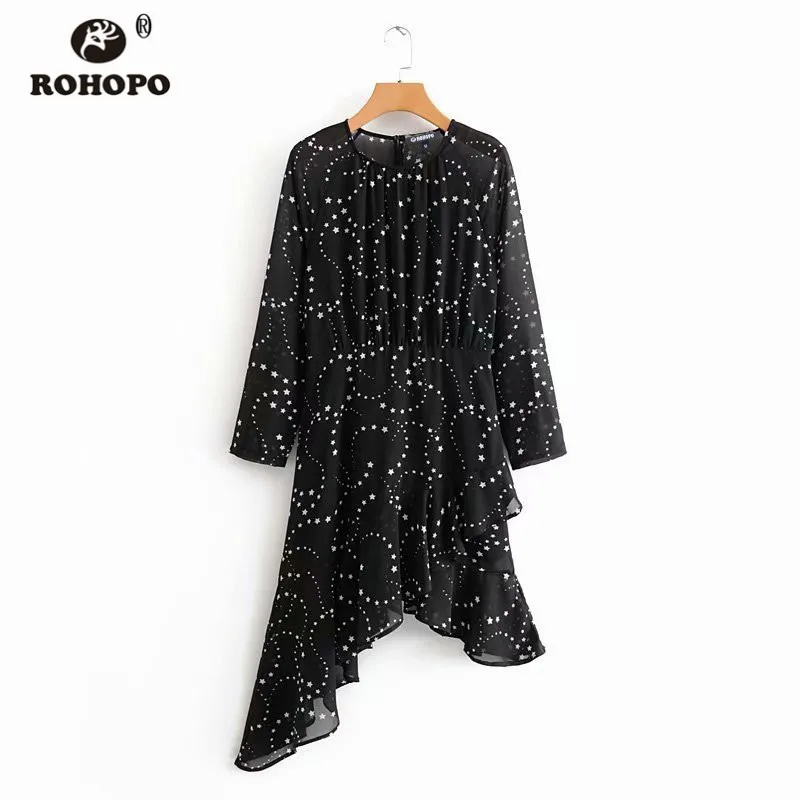 ROHOPO/черное платье миди с градиентным подолом длинным рукавом со звездами