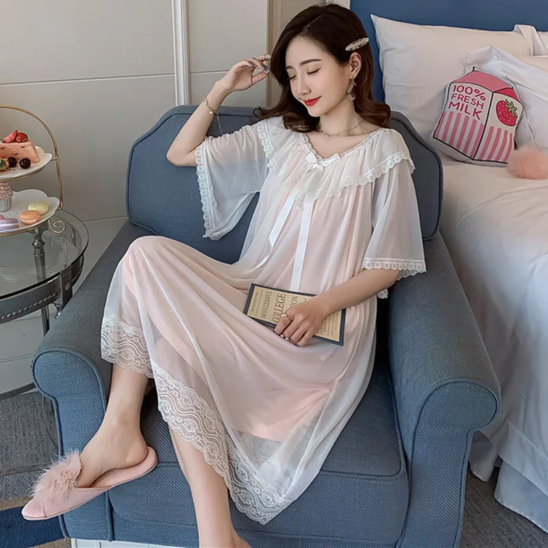 

Casual New Night Dress Women Short Sleeve Lace Sleepwear Loose Net Yarn Sweet Nightgown Female Summer Nightwear Nightshirt