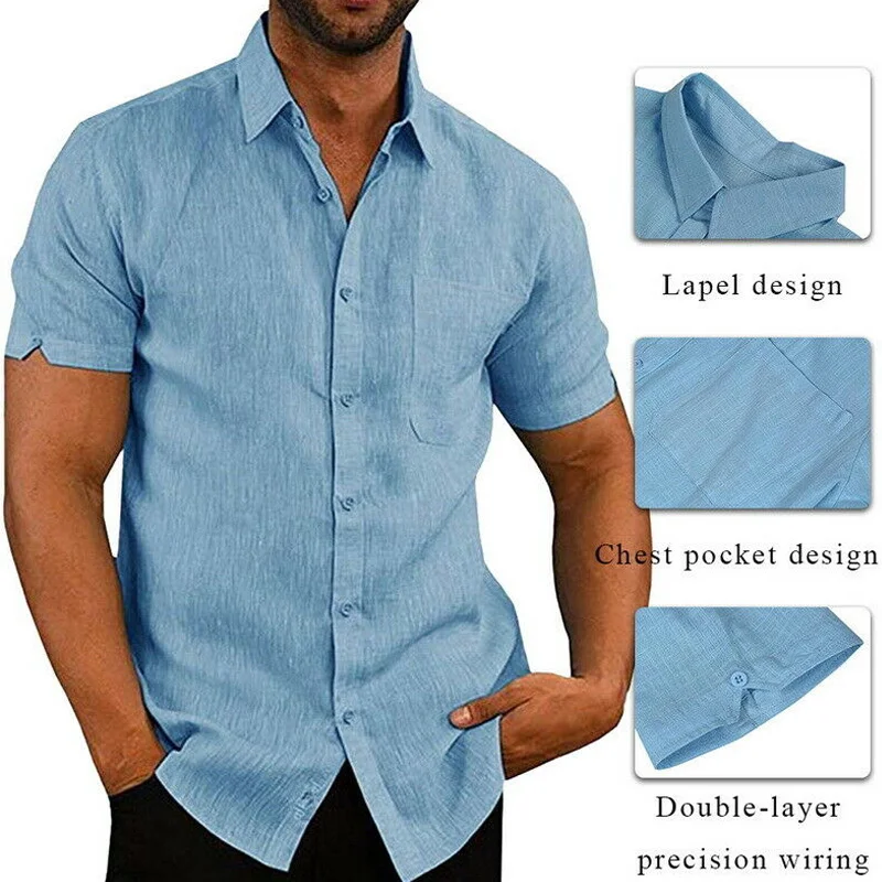 

Men Cotton Linen Short Sleeve Button Down Casual Shirts Tops for Summer H9