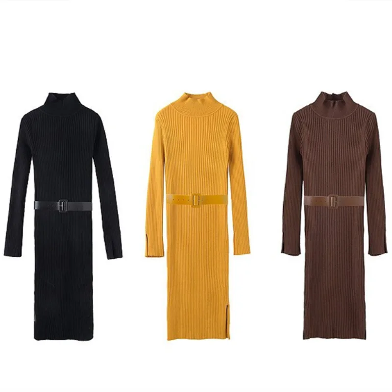 

Autumn Winter New Women Long Knit High Neck Dress Women Slim Fit Side Slit Bodycon Dress Over The Knee Basic Sweater Dress