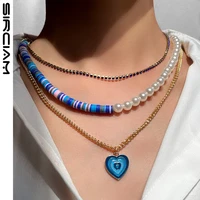 new blue layered heart clay beaded necklace for women soft pottery bead asymmetry imitation pearls crystal choker boho jewelry