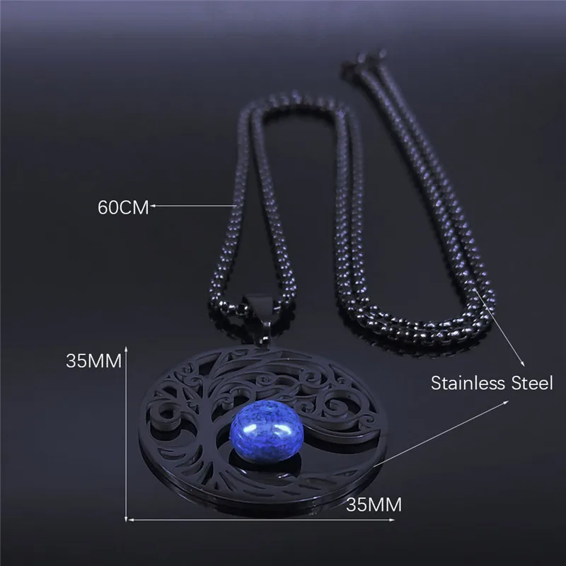 

Tree of Life Blue Natural Stone Stainless Steel Witchcraft Necklaces Men Black Pendant Necklace Jewelry collier homme NXS02