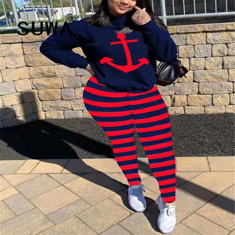 

Женский Повседневный костюм из двух предметов, пуловер с длинным рукавом и брюки с высокой талией и принтом в красную полоску, костюм для бе...