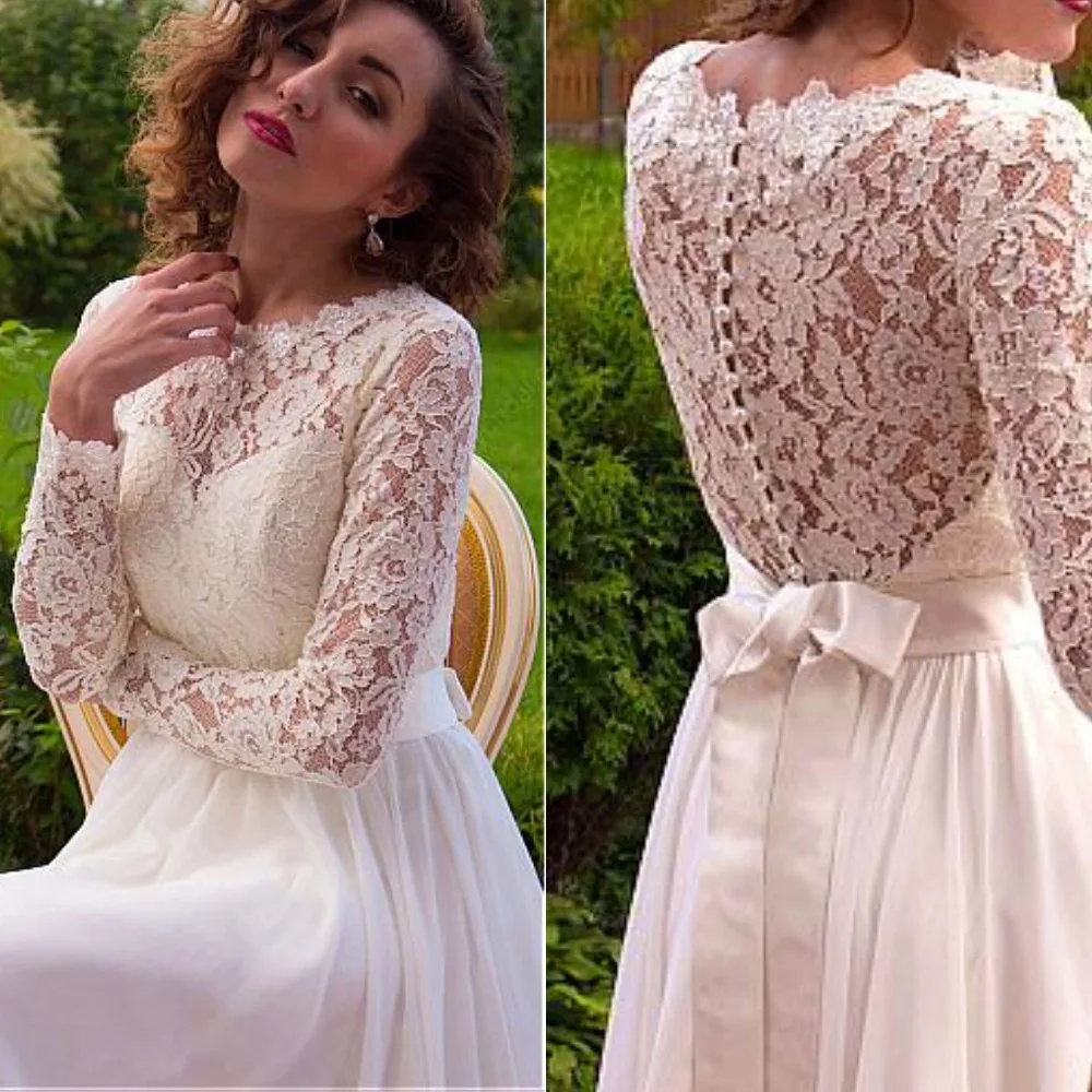 

O-Neck Beach Wedding Dress Long Sleeve Chiffon Wedding Dresses Floor Length Cheap Bridal Gown