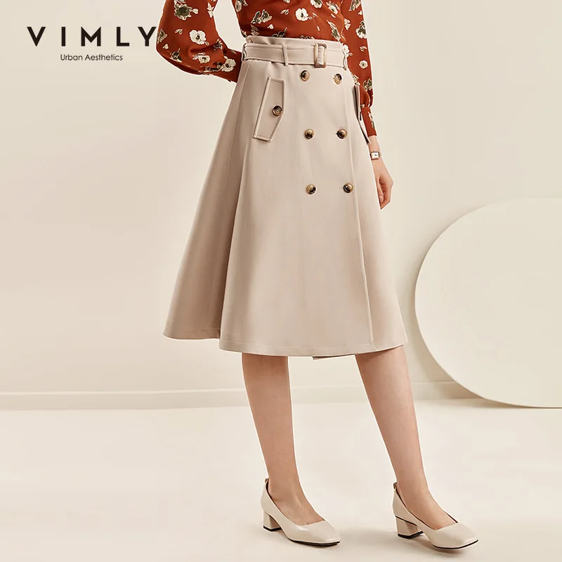 Осенняя юбка Vimly для женщин Винтажная с высокой талией двубортная однотонная