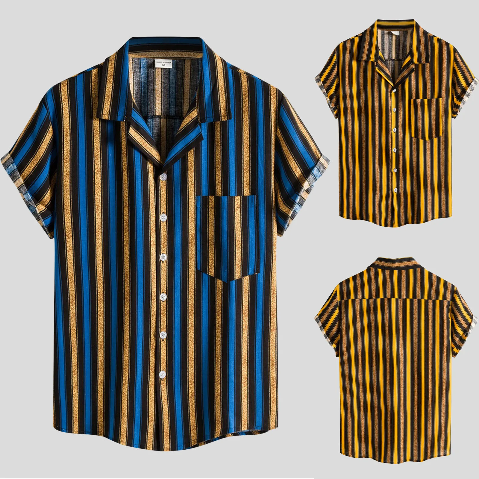 

Men's Oversize Shirt Summer Fashion Casual Stripe Print Short Sleeve Button Turn-down Shirt Ropa Hombre