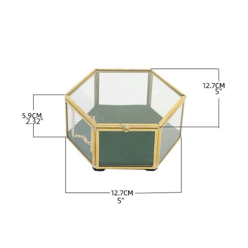 

Hexagonal Clear Glass Metal Jewelry Box Decorative Slanted Top Lid Shadow Box Vintage Jewelry Chest Keepsake Storage Case