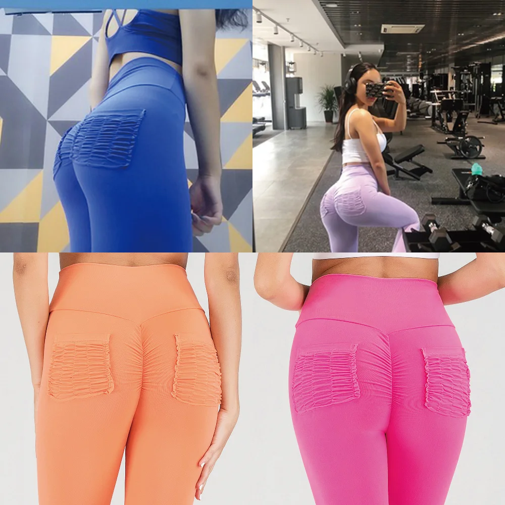 Hip Fitness Pants Net Celebrity Ins Super Stretch High Waist Leggings With Pocket Tummy Tight Training Peach Stacked Pants images - 6