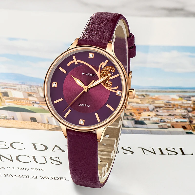 

WWOOR Top Brand Luxury Fashion Diamond Wrist Watch For Women Dress Casual Quartz Watch Ladies Red Leather Waterproof Clocks 2021