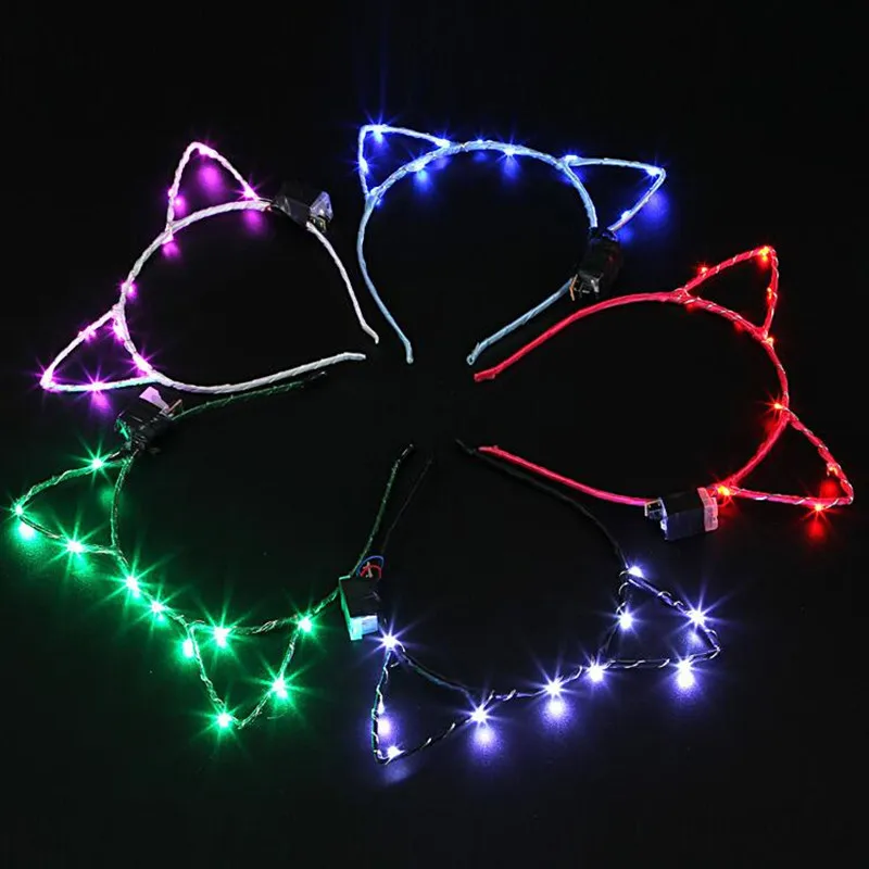 

New LED Light Up Glowing Cat Animal Ear Headband Adults Women Girls Flashing Headwear Birthday Glow Party Supplies