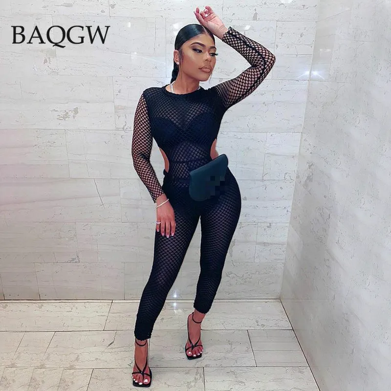 

Jumpsuit Women One Piece Party Clubwear Outfits Mesh Sheer See Through Patchwork Bodycon 2021 Sexy Hollow Out Rompers Overall