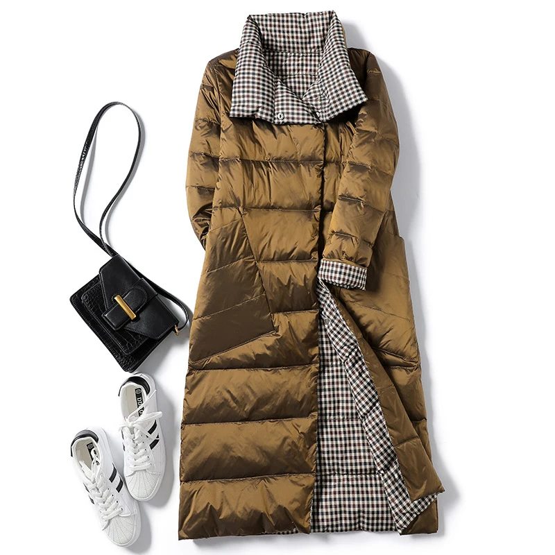 Пуховик женский зимний на белом утином пуху средней длины с воротником-стойкой