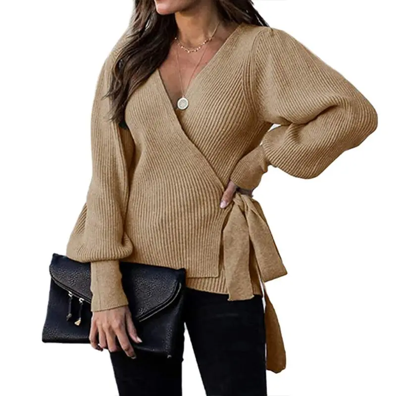 

Women Sexy Wrap V-Neck Sweater Lantern Sleeve Ribbed Knit Belted Jumper Tops