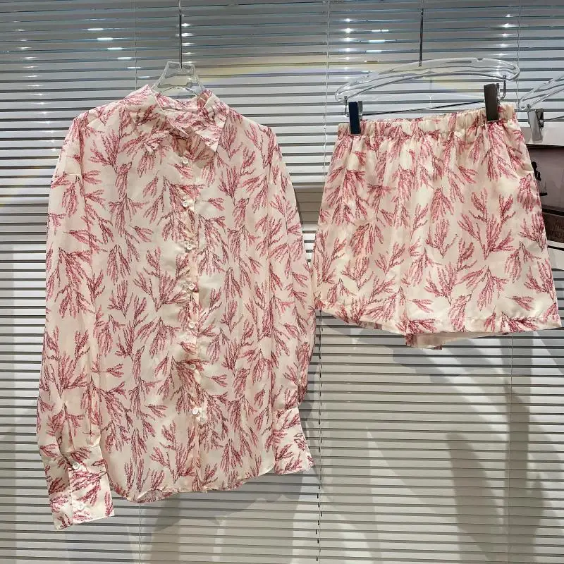 

Women's Shorts Suit 2021 Summer New Floral Print Long Sleeve Loose Casual Shirt Top+Elastic Waist Wide Legs Shorts Two-Piece Set
