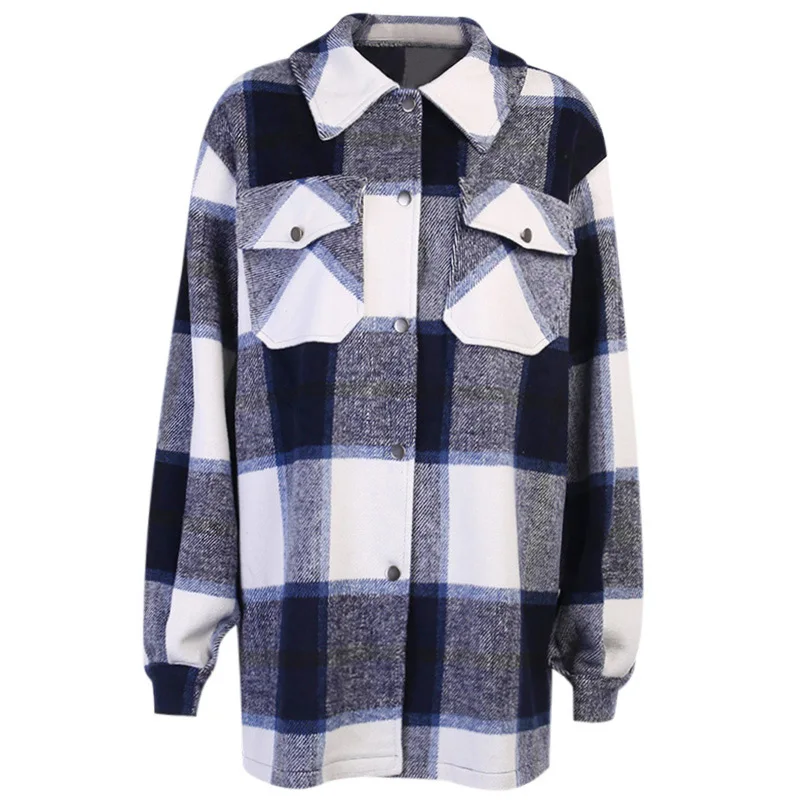 

MosiMolly 2020 Trendy Plaid Shirt Coats Women Streetwear Button Down Oversize Plaid Shirt Tops Thick Woolen Shirt