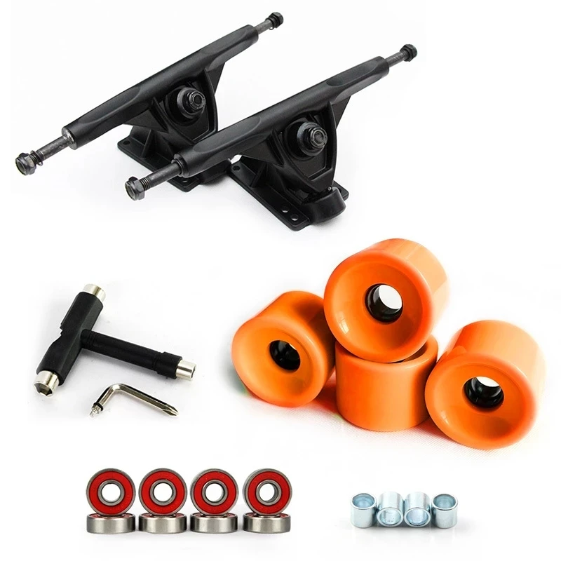 

New 1Pair 7" Longboard Truck Wheels Set 4pcs PU wheels 8pcs Bearing T skateboard tool Skateboard Truck Wheel Combo For Longboard