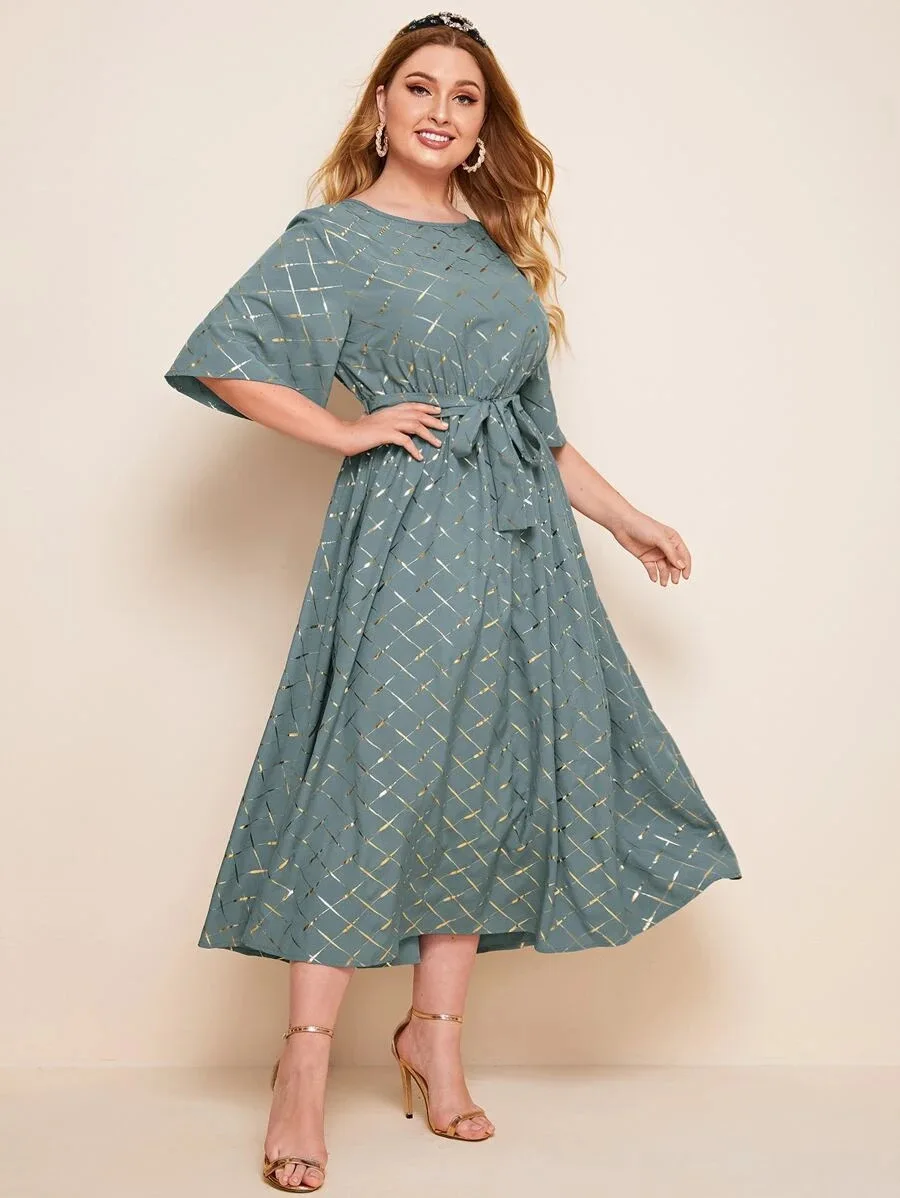 

Women's Summer Dress 2021 Plus Size 5XL Checkered Pattern Round Neck Short Sleeve High Waist Elegant A Line Skirt Bandage Blue