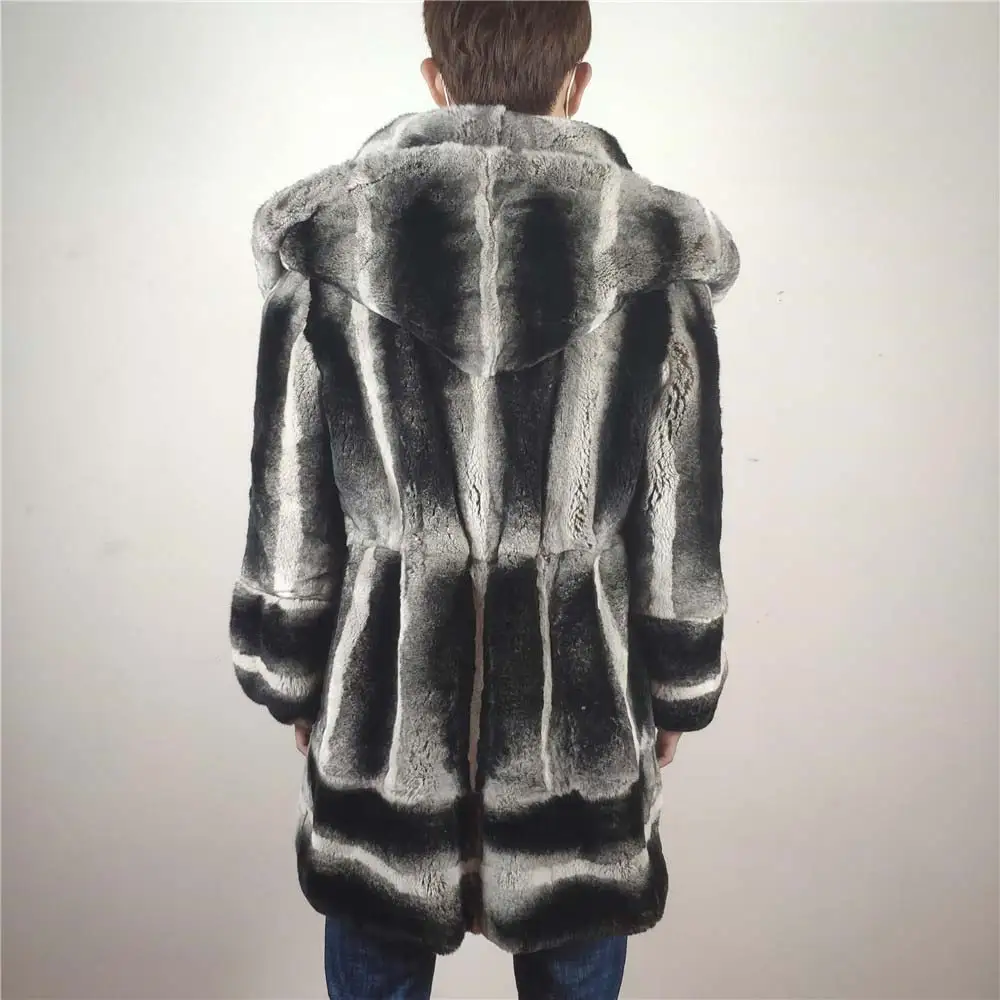 80cm with hood Новая женская Настоящая Шиншилла Шуба из кролика Рекс из натурального с большим отложным воротником кожаная куртка с мехом кролика рекс из натуральной RB-067 - Цвет: 80cm with hood