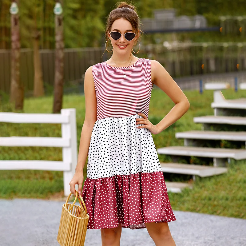 

Polka Dot Patchwork Pleated Big Swing Sleeveless Women Dress Casual Loose O Neck Party Beach Holiday Female Dresses