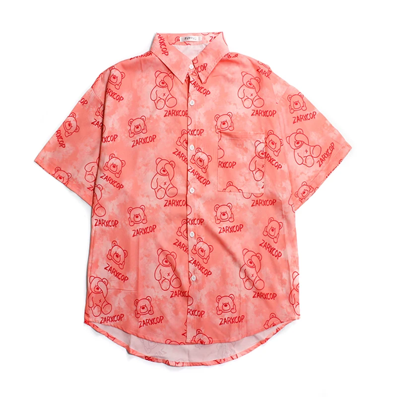 

New Summer Shirt Women Oversize Shirt Streetwear Vintage Loose Short Sleeve Blouse Cartoon Bear Tie Dye Harajuku Man Shirts