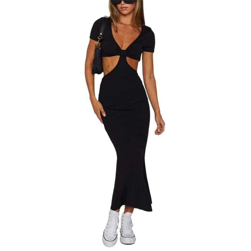 

Hirigin 2021 Female Long Dress Solid Color V-Neck Short Sleeve Hollow Out Dresses for Summer, Black/Brown, S/M/L/XL
