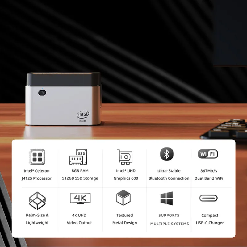 

Portable Mini PC Intel Celeron KB1 Quad Cores 8GB +256GB Windows 10 2.4G/5G Dual BandHDMI 2.0 2* Wtih Laptops