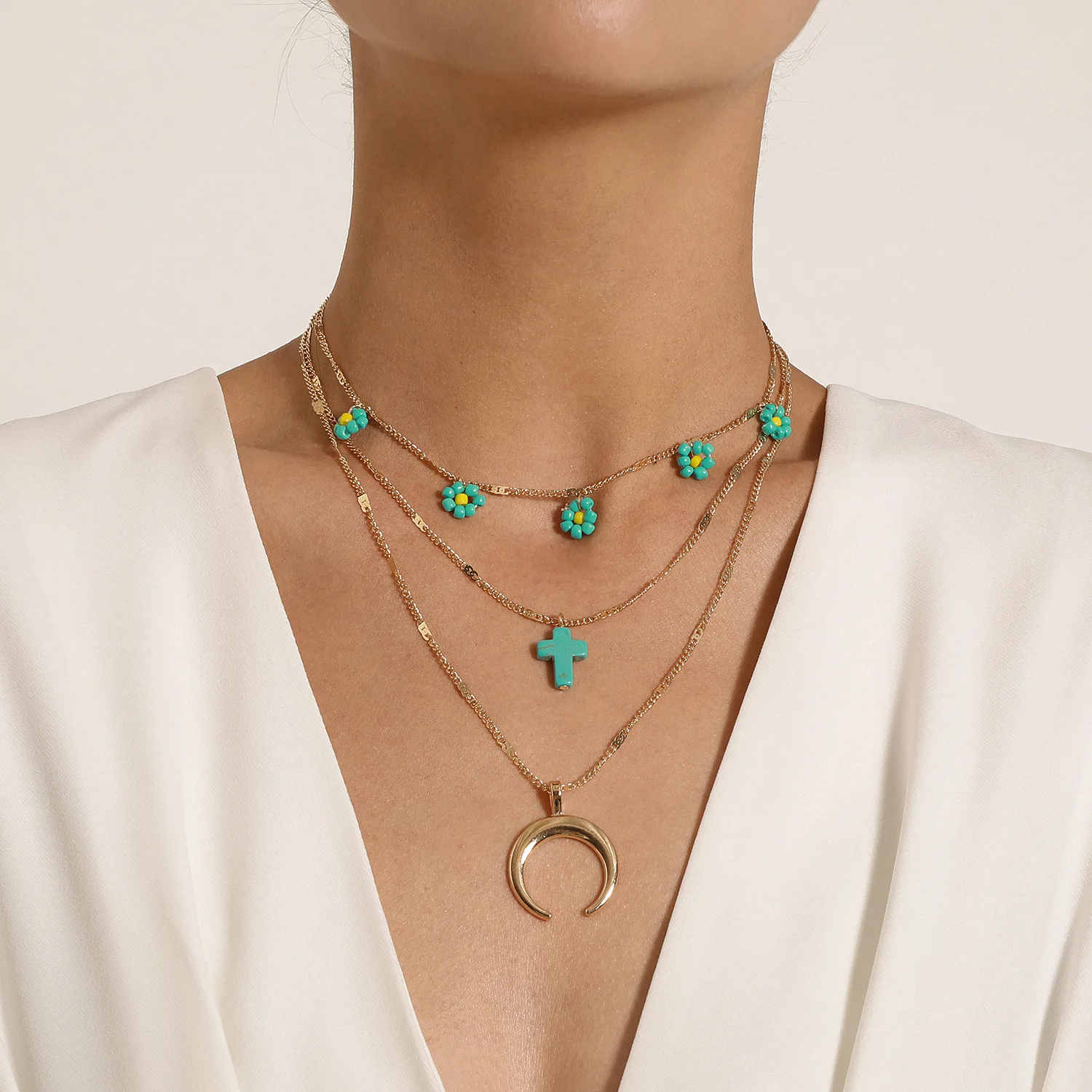 

New Fashion Punk Resin Cross Blue Crescent Pendant Alloy Necklace Multilayer Hip Hop Rice Beads Flower Moon Jewelry for Women