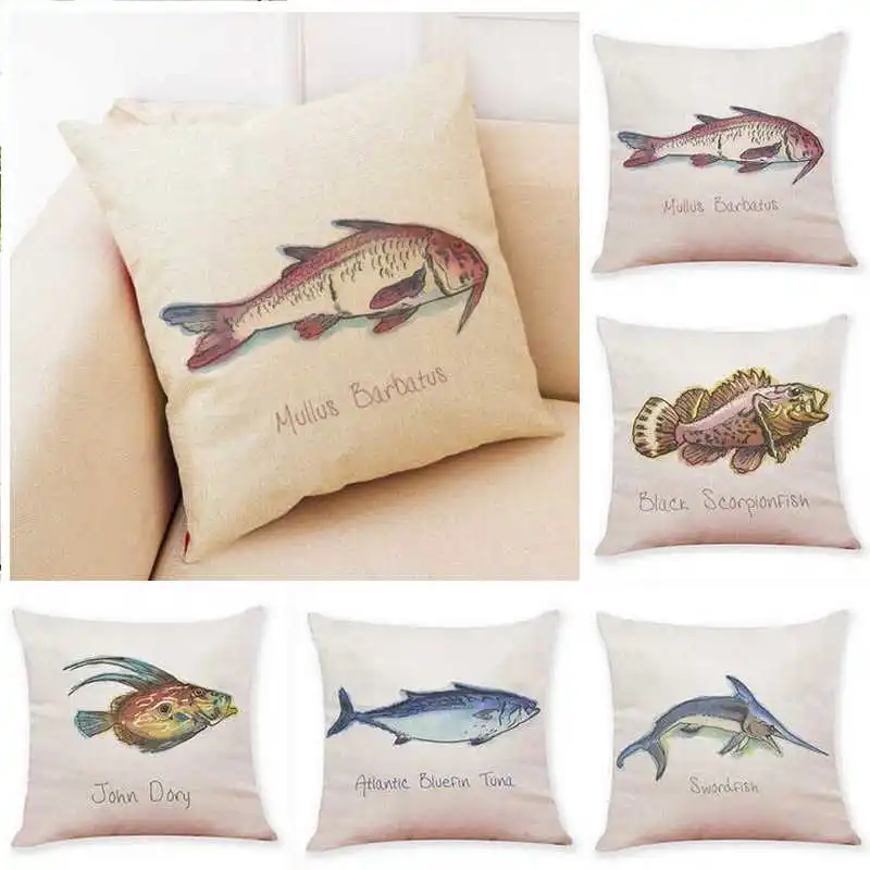 Модный чехол для подушки из хлопка и льна с рисунком морской рыбы 18 дюймов