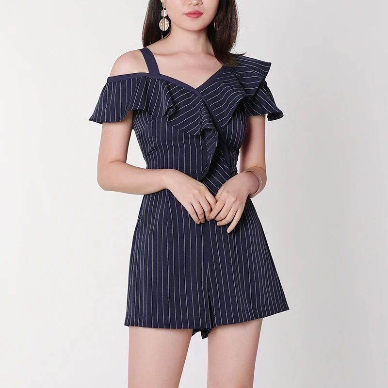 Женский цельный комбинезон с открытыми плечами неровный оборками бодикон