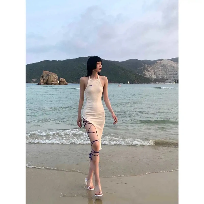 

2021 Women Spaghetti Strap Party Sexy Split Solid Slim Lady Ankle Fashion Length Vintage Wear Dresses New