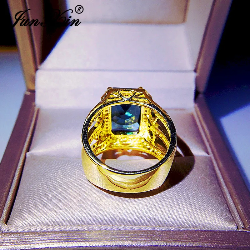Luxury Geometric Square Crystal Yellow Gold Rings For Women Men Big Blue Stone Wedding Bands Engagement Ring Promise Jewelry CZ | Украшения
