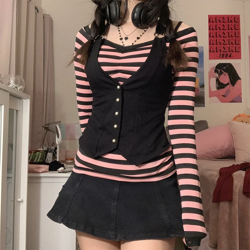 

IAMHOTTY Striped Printed Backless Lace Patchwork Top Y2K Aesthetic Long Sleeve T Shirt Spring Fairycore Clothe Grunge Tee Women