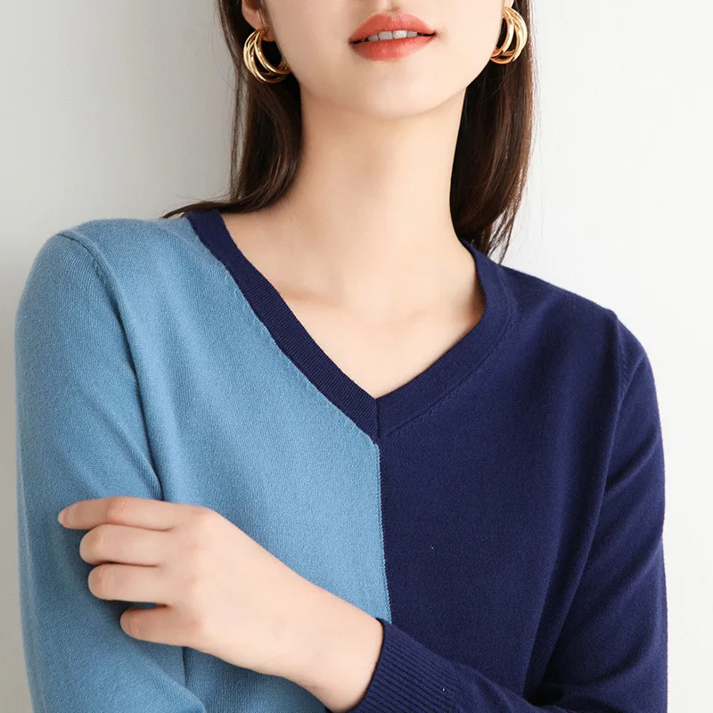 

Autumn and winter new cashmere V-neck color matching fashion all-match ladies pullover loose knit bottoming sweater