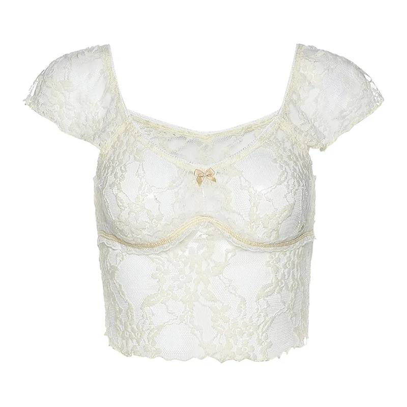 

E Girl Y2K Transparent Mesh Tops Women Summer Short Sleeve Floral Crop Top T-Shirts Cottagecore Grunge Fairy Aesthetic Clothes