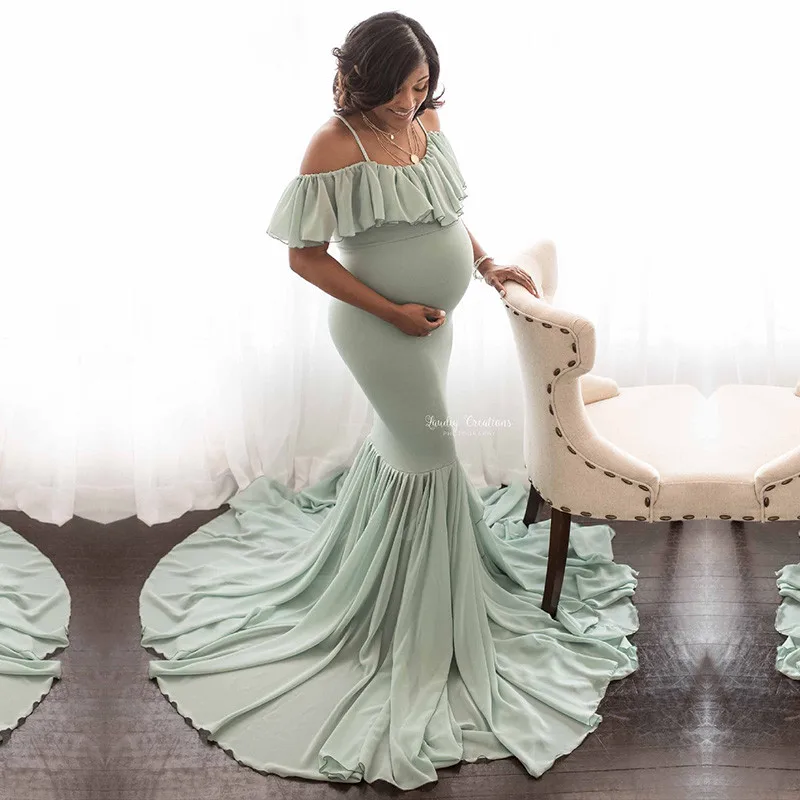 

Mermaid Maternity Dresses For Photo Shoot Pregnant Women Ruffles Pregnancy Dress Photography Props Off Shoulder Maxi Maternity