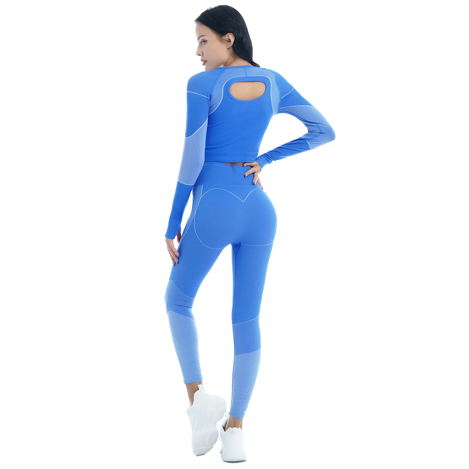 Женский летний костюм для йоги тренировочный с круглым вырезом и длинным рукавом