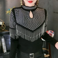 shiny rhinestone tassels tops 2021 korean fashion hollow turtleneck black long sleeve shirt women pullover clubwear dj dance top
