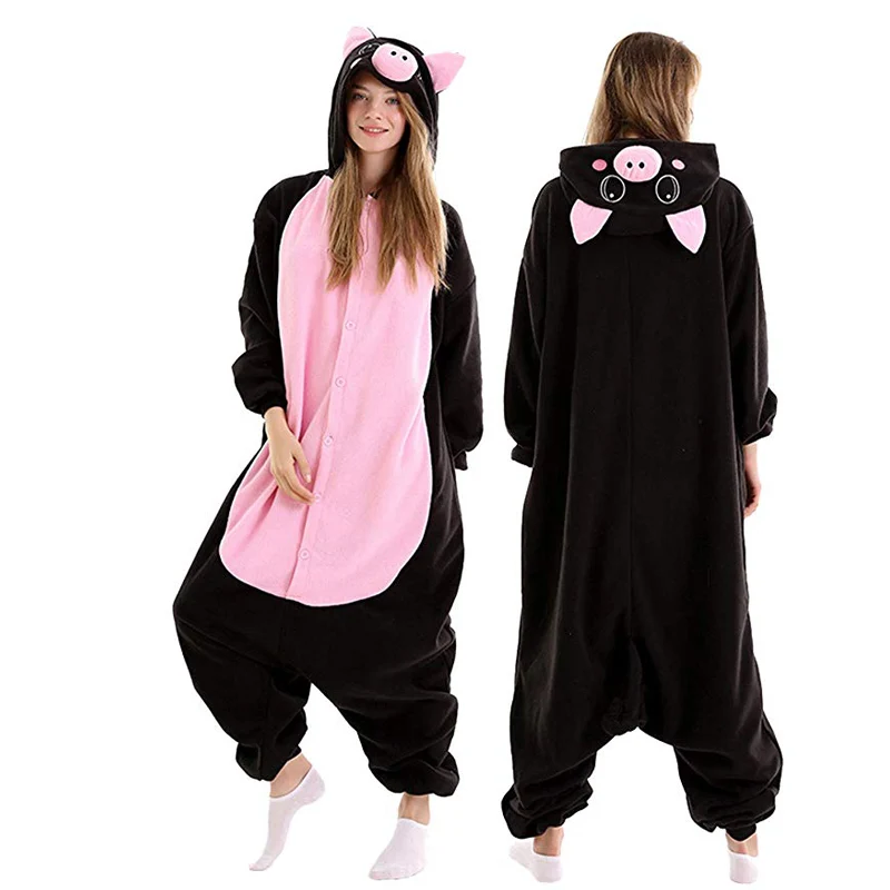 

Флисовый комбинезон унисекс в виде черной свиньи для взрослых, Мультяшные животные, Мужская домашняя одежда, Женский цельный комбинезон, кенгуруми с енота