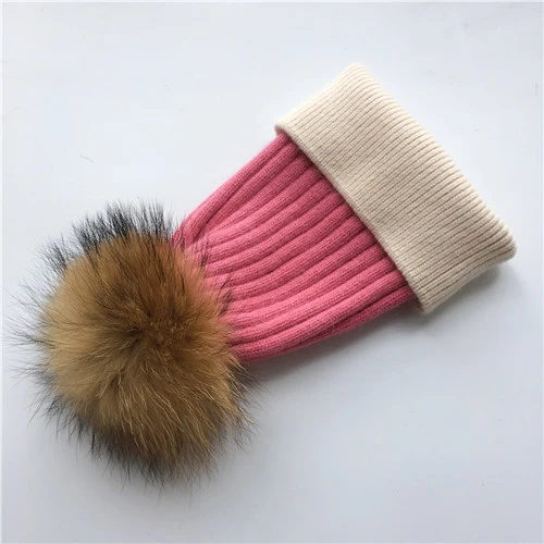 Pink 2-beige N Зимняя шапка, модная шапка с натуральным мехом, женские шапки с помпоном, кашемировый шерстяной вязаный берет, меховая шапка с помпоном, шапка с большим мехом енота - Цвет: Pink 2-beige N