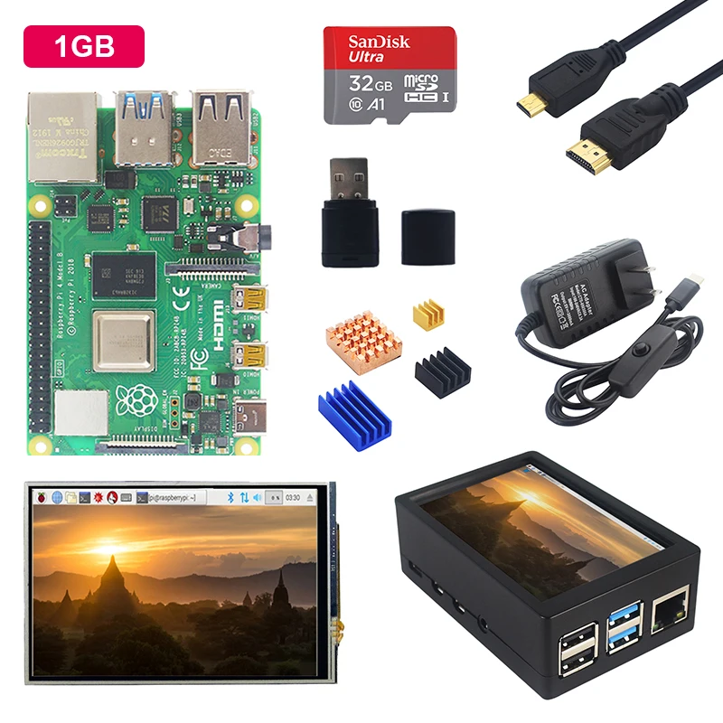 50FPS LCD with 1GB Raspberry Pi 4 Модель B+ 3,5 дюймовый сенсорный экран+ акриловый чехол+ блок питания+ sd-карта+ радиатор для Raspberry Pi 4B - Комплект: 50FPS LCD with 1GB