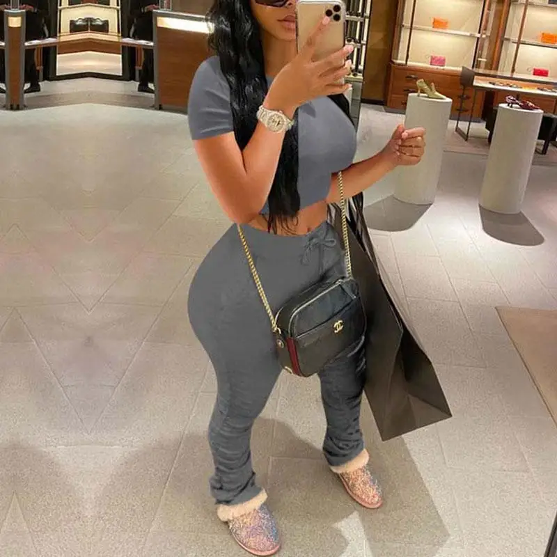 

2020 Stacked Leggings Two Piece Set Summer Pink Outfit Stacked Pants Matching Sets Joggers Women Set 2 Pieces Outfits For Women