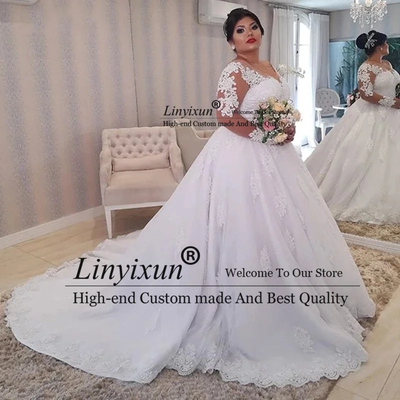 

Plus size Lace Appliques Wedding Dresses Long Sleeves Lace Up Back Wedding Gowns Bride Dresses Custom Made robe de mariee