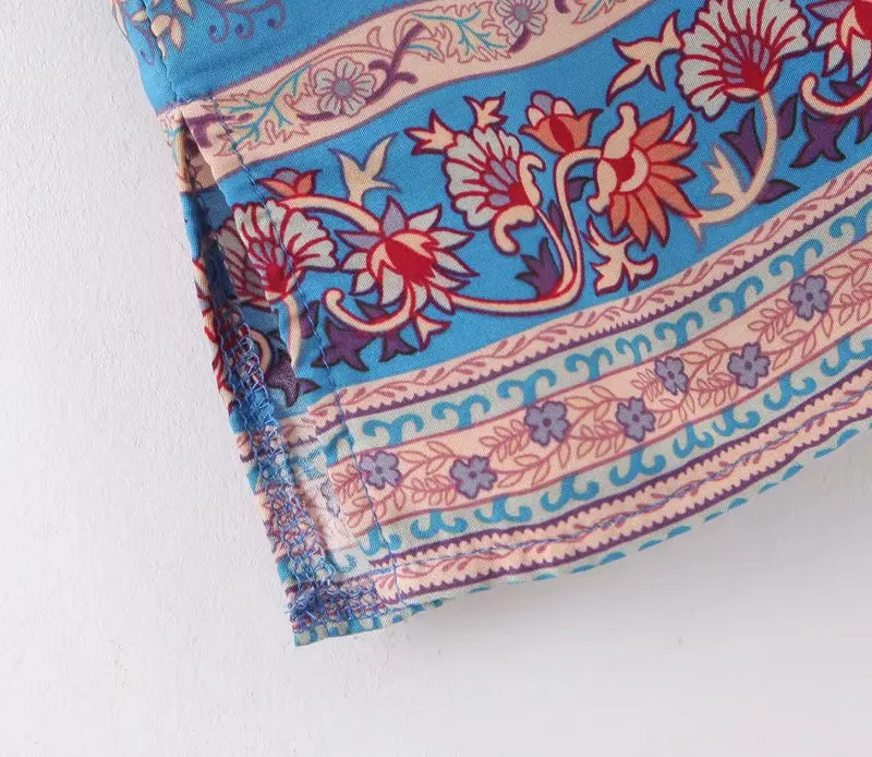 

2021 Casual Chic Women Blue Floral Print Dress Lantern Sleeve Drawstring Bohemian Dresses V Neck Tassel Mini Dress Vestidos A726