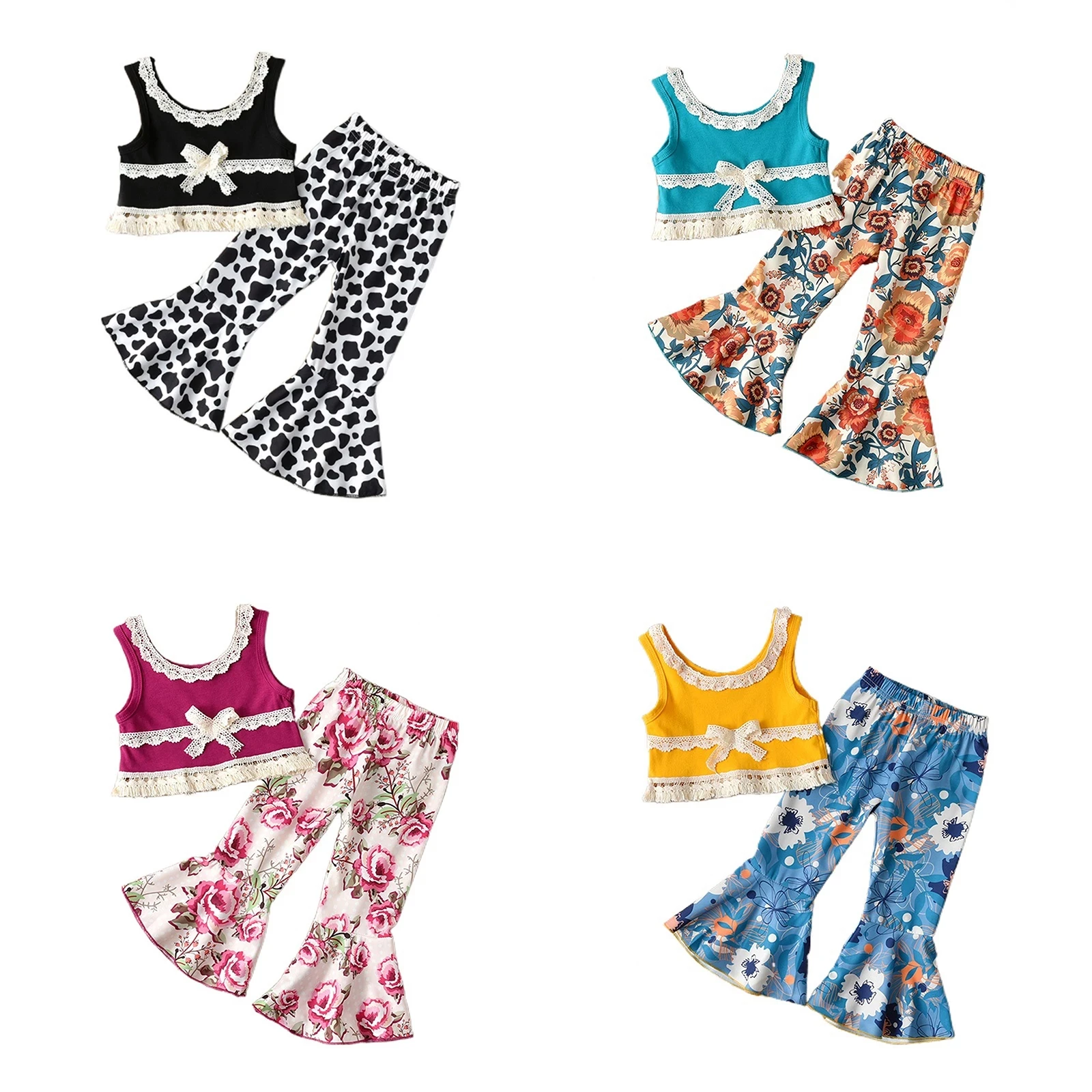 

Baby Girls Clothes Set, Lace-joint Sleeveless O-neck Cropped Tops + Floral/Leopard Print Flared Trousers 1-5T