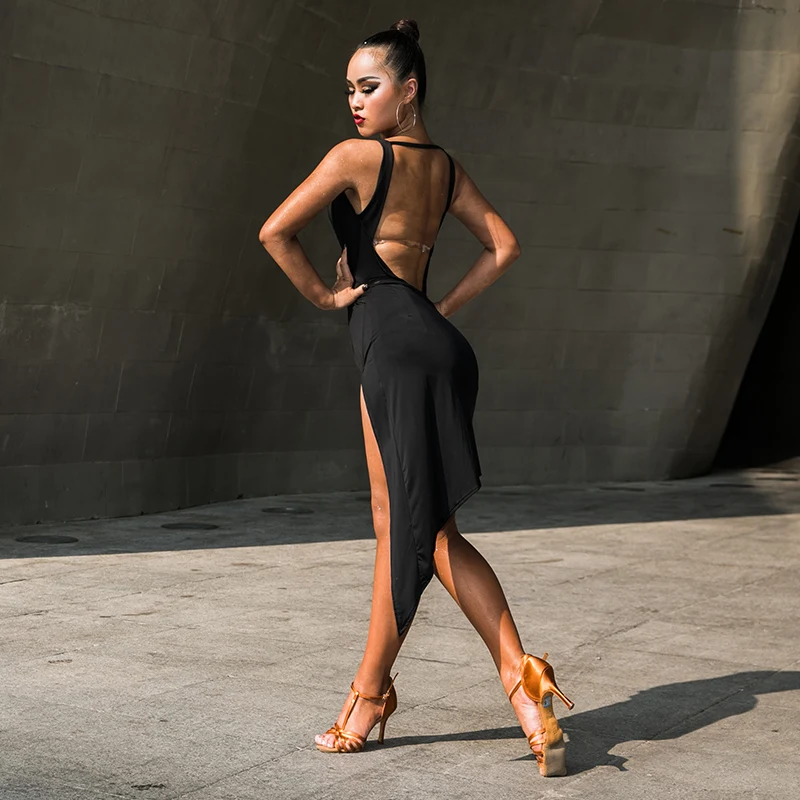 Женское платье для танго Черное длинное с разрезом латиноамериканских танцев