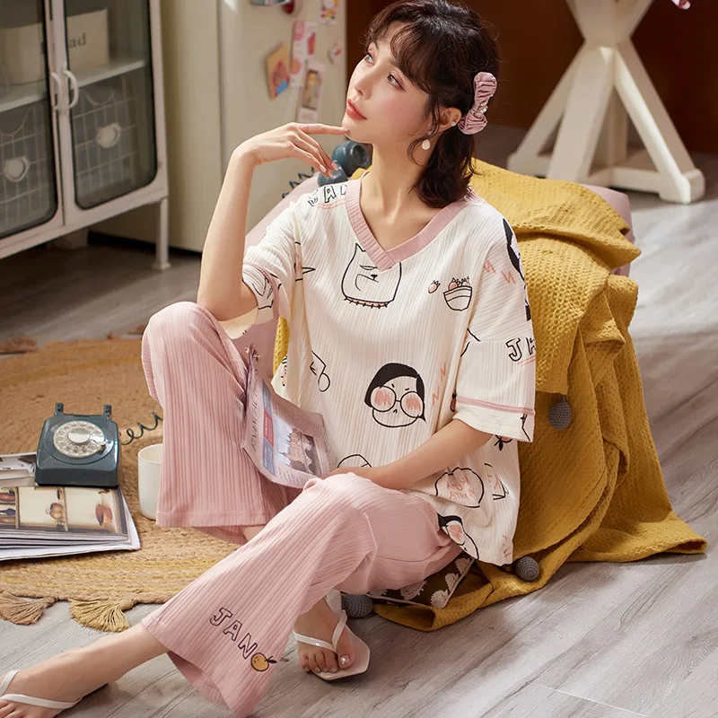 

Sexy Blue V-neck Women Summer Pajamas Short Sleeve Cotton Pajamas Kawaii Cartoon Women Nightwear Casual Soft Outdoor Sleewpear