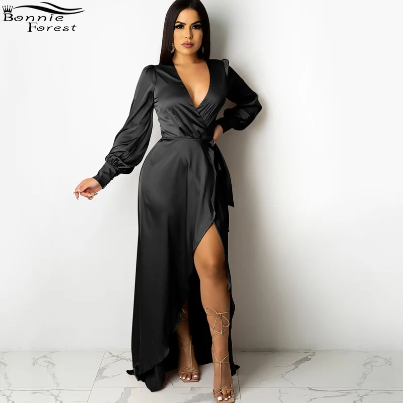 

Bonnie Forest Vintage Deep V Neck Black Wrap Maxi Stain Dress Womens Long Sleeve High Slit Party Club Dresses Gowns Sleep Wears
