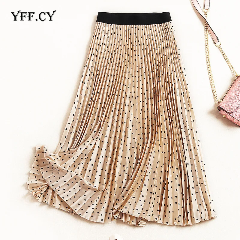 

2020 Women Vintage Print Polka Dot Pleated A-line Long Skirt Elegant Fashion Elastic High Waist Midi Skirts Korean Casual Skirt